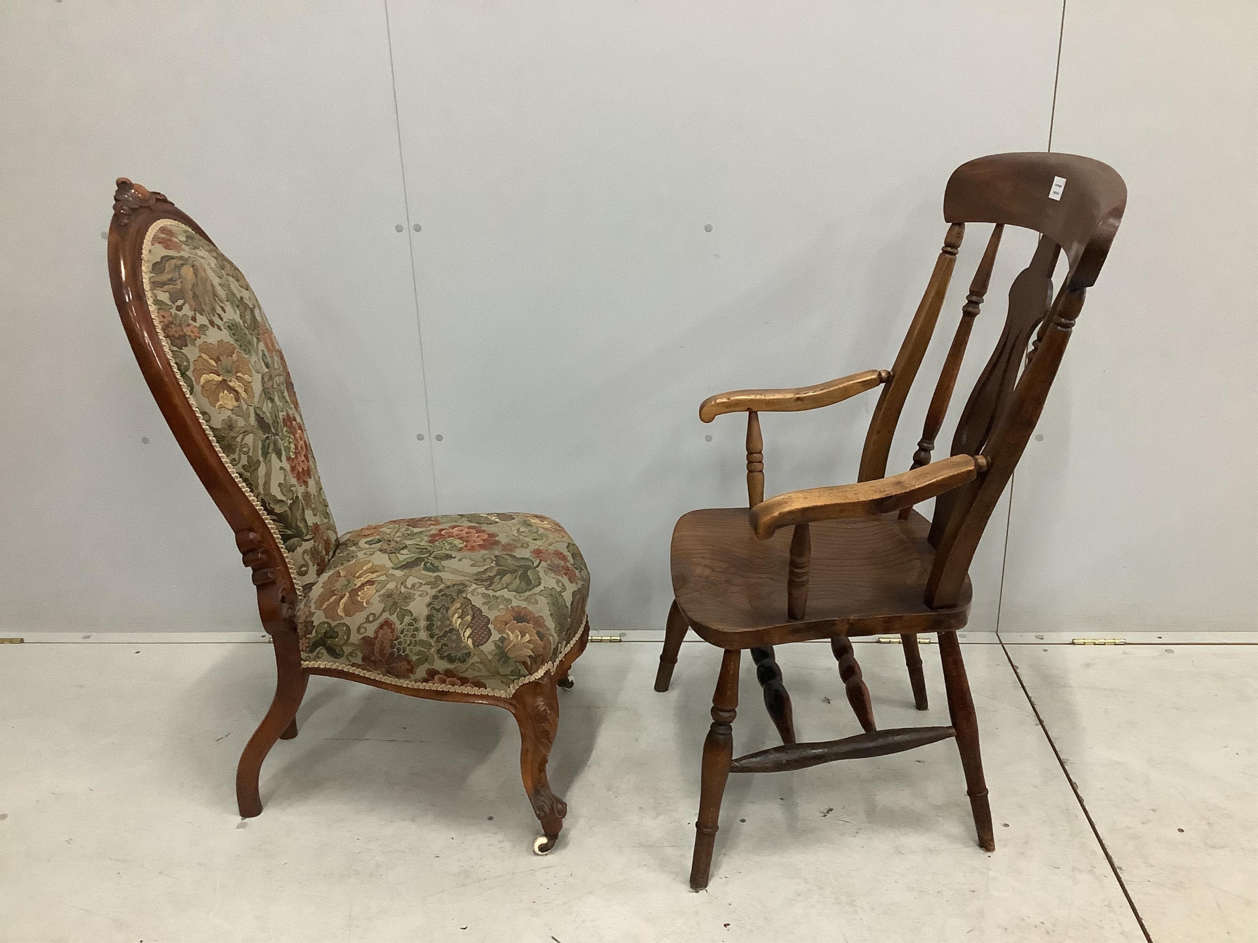 A Victorian elm, ash and beech elbow chair and a walnut spoon back nursing chair. Condition - fair to good